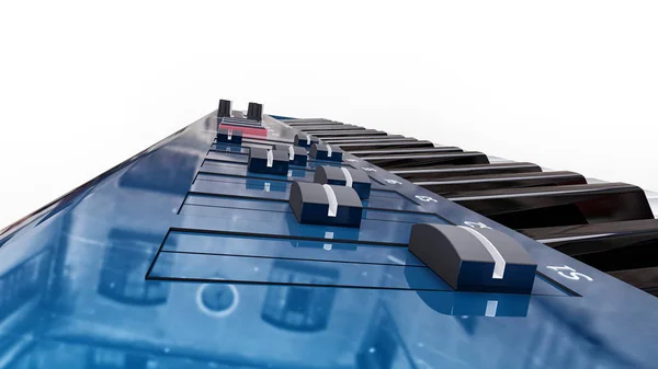 Beyaz arka planda mavi synthesizer Midi klavye. Synth tuşları yakın çekim. 3d render. — Stok fotoğraf
