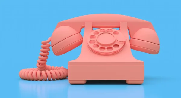 파란색 배경에 오래 된 핑크 다이얼 전화입니다. 3D 일러스트레이션. — 스톡 사진