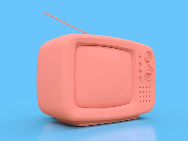 Cute old pink tv with antenna on a blue background. 3d illustration. — Stock Photo, Image