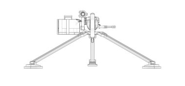 Beyaz arka planda tam kaset mühimmat ile bir tripod üzerinde büyük makineli tüfek. Yarı saydam gövdeli kontur çizgilerinde silahların şematik illüstrasyonu. 3d ilustration.