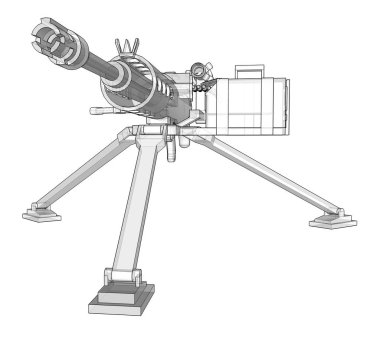 Beyaz arka planda tam kaset mühimmat ile bir tripod üzerinde büyük makineli tüfek. Yarı saydam gövdeli kontur çizgilerinde silahların şematik illüstrasyonu. 3d ilustration.