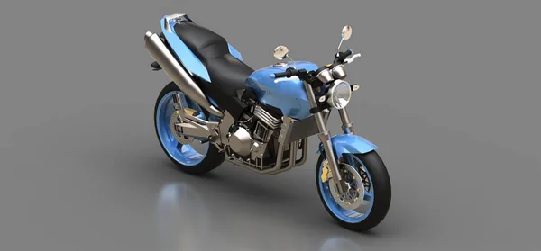 Μπλε μοτοσικλέτα με δύο θέσεις σε γκρίζο φόντο. εικονογράφηση 3D. — Φωτογραφία Αρχείου