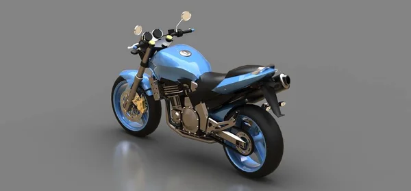 Blaues urbanes Sport-Zweisitzmotorrad auf grauem Hintergrund. 3D-Illustration. — Stockfoto