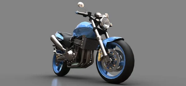 Niebieski miejski Sport dwumiejscowy motocykl na szarym tle. ilustracja 3D. — Zdjęcie stockowe
