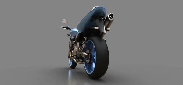 Kék városi sport kétüléses motorkerékpár egy szürke háttér. 3D-illusztráció. — Stock Fotó