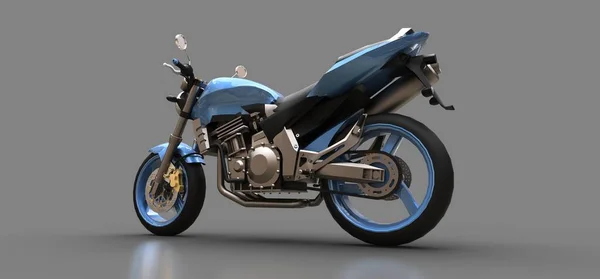 Motocicleta de dois lugares de esporte urbano azul em um fundo cinza. ilustração 3d . — Fotografia de Stock