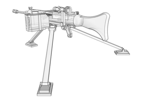 大机枪在三脚架上，白色背景上装有全套盒式弹药。具有半透明主体的等高线武器的图解图。3d 光动. — 图库照片