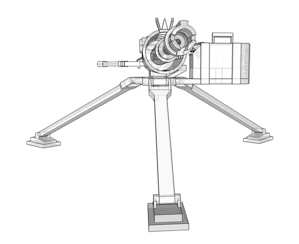 Large machine gun on a tripod with a full cassette ammunition on a white background. Schematic illustration of weapons in contour lines with a translucent body. 3d ilustration. — Stock Photo, Image