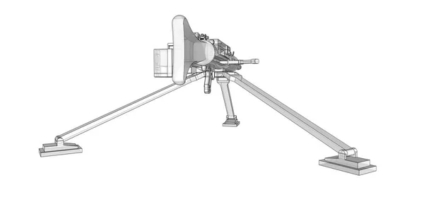 Stor kulspruta på ett stativ med en full kassett ammunition på en vit bakgrund. Schematisk illustration av vapen i konturlinjer med en genomskinlig kropp. 3D ilustration. — Stockfoto