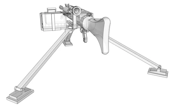 Large machine gun on a tripod with a full cassette ammunition on a white background. Schematic illustration of weapons in contour lines with a translucent body. 3d ilustration. — Stock Photo, Image