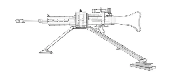 Большой пулемет на штативе с полными кассетными боеприпасами на белом фоне. Схематическая иллюстрация оружия в контурных линиях с полупрозрачным корпусом. Трехмерная иллюстрация . — стоковое фото