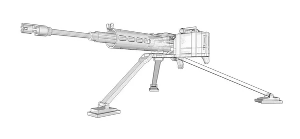 Duży karabin maszynowy na statywie z pełną amunicją kasety na białym tle. Schematyczna ilustracja broni w liniach konturowych z przezroczystym korpusie. ilustracja 3D. — Zdjęcie stockowe