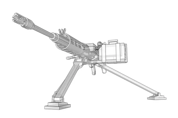 Velká kulometa na trojnožce s kompletní kazetou na bílém pozadí. Schematický obrázek zbraní v obrysovém vedení s průsvitnou karoseriemi. prostorový ilustration. — Stock fotografie