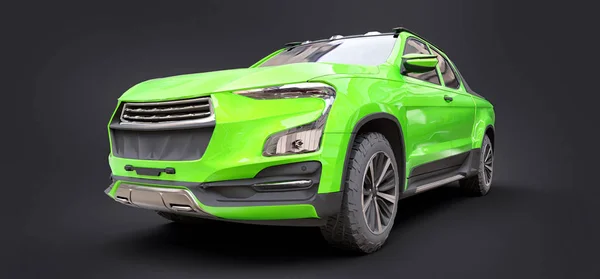 3D ilustracja Zielona koncepcja ładunku pickup ciężarówka na szarym tle. Renderowanie 3D. — Zdjęcie stockowe