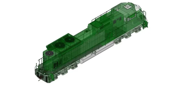 Moderna locomotora de ferrocarril diésel verde con gran potencia y resistencia para el movimiento de trenes largos y pesados. renderizado 3d . — Foto de Stock