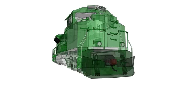 Moderna locomotiva ferroviária diesel verde com grande potência e força para mover trem ferroviário longo e pesado. Renderização 3d . — Fotografia de Stock