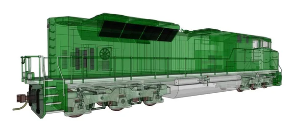 Moderna locomotiva ferroviaria diesel verde con grande potenza e resistenza per lo spostamento di treni ferroviari lunghi e pesanti. rendering 3d . — Foto Stock