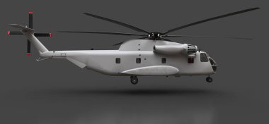 Askeri taşıma veya kurtarma helikopteri gri arka plan üzerinde. 3D çizim.