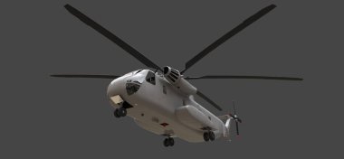 Askeri taşıma veya kurtarma helikopteri gri arka plan üzerinde. 3D çizim.