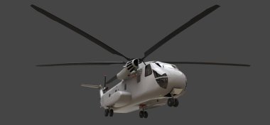 Askeri taşıma veya kurtarma helikopteri gri arka plan üzerinde. 3D çizim.