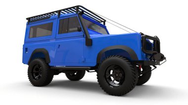 Mavi eski küçük Suv zor yollar ve seferler için ayarlanmış. 3d render.