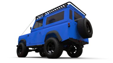 Mavi eski küçük Suv zor yollar ve seferler için ayarlanmış. 3d render.