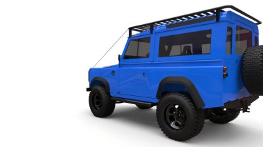 Mavi eski küçük Suv zor yollar ve seferler için ayarlanmış. 3d render.