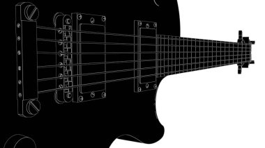 Beyaz arka planda gri çizgileri olan siyah elektro gitar. 3d render.