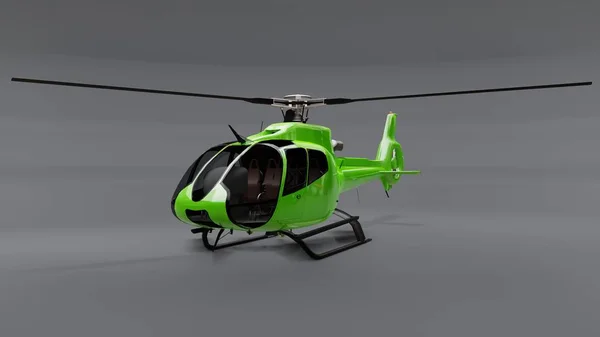 Groene helikopter geïsoleerd op de grijze achtergrond. 3D-illustratie. — Stockfoto