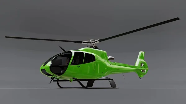 Grön helikopter isolerad på den grå bakgrunden. 3D-illustration. — Stockfoto