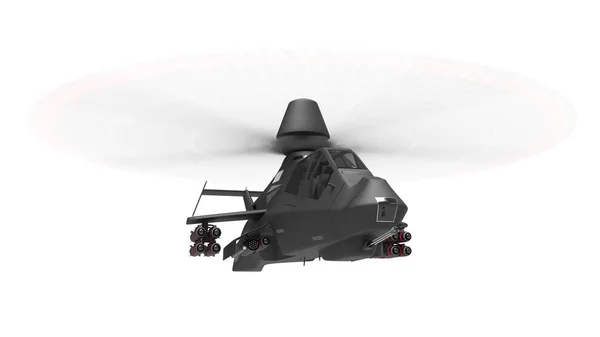 Moderner Armeehubschrauber im Flug mit voller Waffenausstattung auf weißem Hintergrund. 3D-Illustration. — Stockfoto