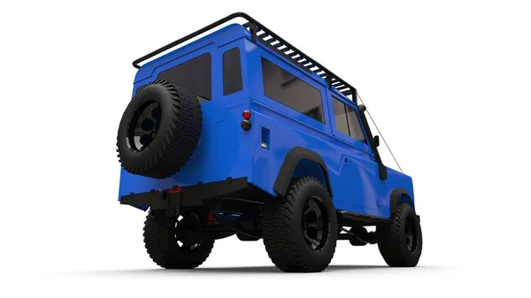 Blauwe oude kleine SUV afgestemd voor moeilijke routes en expedities. 3D-rendering. — Stockfoto