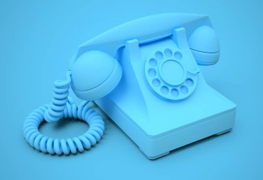Mavi arka planda eski mavi arama lı telefon. 3d illüstrasyon.
