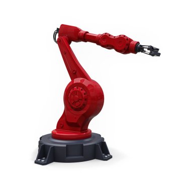 Bir fabrika veya üretim herhangi bir iş için robotik kırmızı kol. Karmaşık görevler için mekatronik ekipman. 3d illüstrasyon.