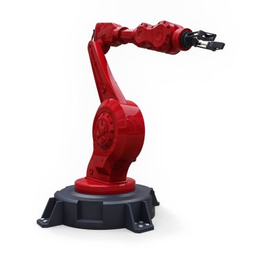 Bir fabrika veya üretim herhangi bir iş için robotik kırmızı kol. Karmaşık görevler için mekatronik ekipman. 3d illüstrasyon.