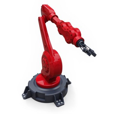 Bir fabrika veya üretim herhangi bir iş için robotik kırmızı kol. Karmaşık görevler için mekatronik ekipman. 3d illüstrasyon.