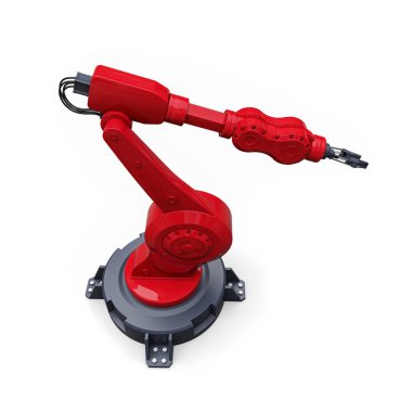Bir fabrika veya üretim herhangi bir iş için robotik kırmızı kol. Karmaşık görevler için mekatronik ekipman. 3d illüstrasyon.