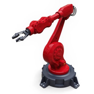 Bir fabrika veya üretim herhangi bir iş için robotik kırmızı kol. Karmaşık görevler için mekatronik ekipman. 3d illüstrasyon.
