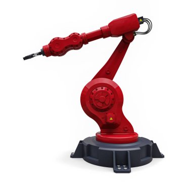 Bir fabrika veya üretim herhangi bir iş için robotik kırmızı kol. Karmaşık görevler için mekatronik ekipman. 3d illüstrasyon.