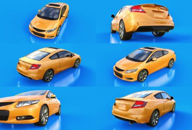 Mavi bir arka plan üzerinde sarı küçük spor araba coupe ayarlayın. 3d render.