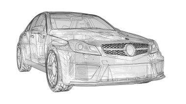Şeffaf süper hızlı spor arabası satırlarında beyaz bir arka plan belirlendi. Vücut şekli sedan. Ayarlama, sıradan bir aile otomobili bir sürümüdür. 3D render.