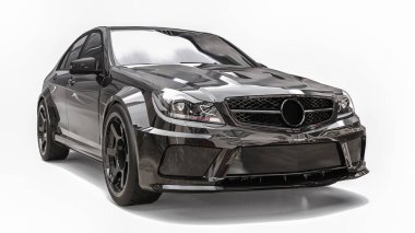 Beyaz bir arka plan üzerinde Süper hızlı spor araba siyah renk. Vücut şekli sedan. Ayar sıradan bir aile otomobili bir sürümüdür. 3d render.