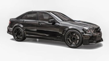 Beyaz bir arka plan üzerinde Süper hızlı spor araba siyah renk. Vücut şekli sedan. Ayar sıradan bir aile otomobili bir sürümüdür. 3d render.