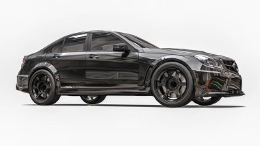 Beyaz bir arka plan üzerinde Süper hızlı spor araba siyah renk. Vücut şekli sedan. Ayar sıradan bir aile otomobili bir sürümüdür. 3d render.