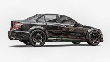 Beyaz bir arka plan üzerinde Süper hızlı spor araba siyah renk. Vücut şekli sedan. Ayar sıradan bir aile otomobili bir sürümüdür. 3d render.