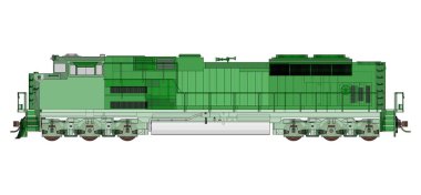 Modern yeşil dizel Tren Lokomotif ile büyük güç ve güç uzun ve ağır demiryolu tren hareket etmek için. 3D render.