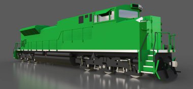 Modern yeşil dizel Tren Lokomotif ile büyük güç ve güç uzun ve ağır demiryolu tren hareket etmek için. 3D render.