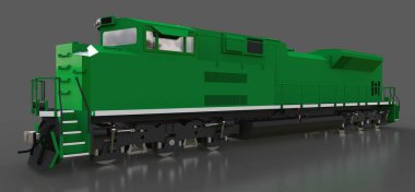 Modern yeşil dizel Tren Lokomotif ile büyük güç ve güç uzun ve ağır demiryolu tren hareket etmek için. 3D render.