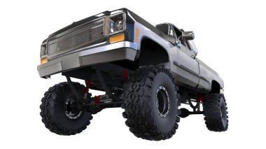 büyük kamyonet off-road. Tam - eğitim. Yüksek süspansiyon kaldırdı. Büyük tekerlekler ile sivri taş ve çamur için. 3D çizim.