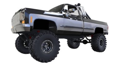 büyük kamyonet off-road. Tam - eğitim. Yüksek süspansiyon kaldırdı. Büyük tekerlekler ile sivri taş ve çamur için. 3D çizim.